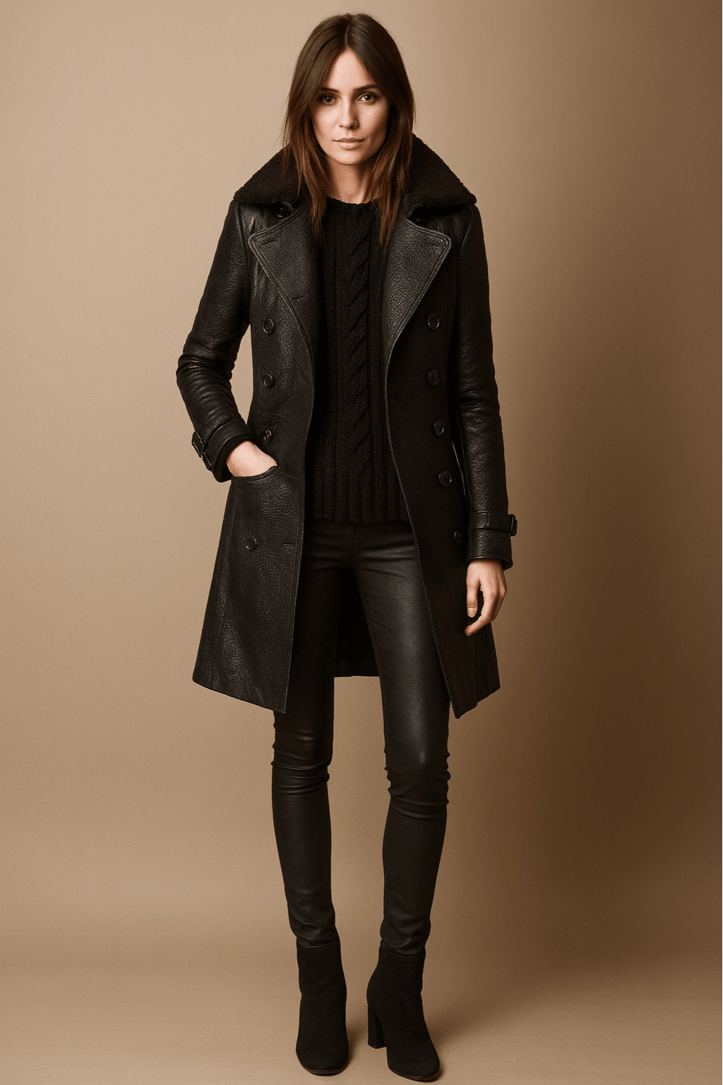 Women's Trench Coat – Faux Leather, Double-Breasted Design with Shearling Collar - We are MFEO