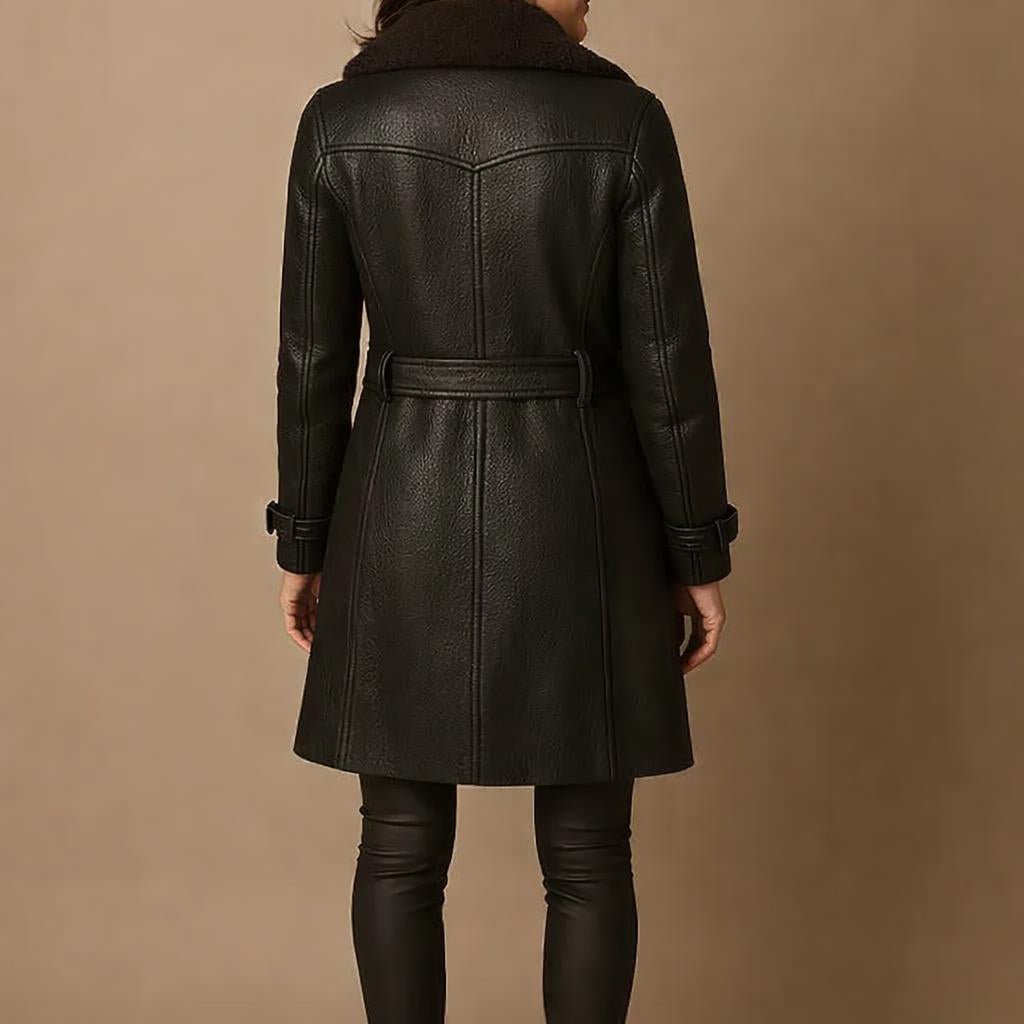 Women's Trench Coat – Faux Leather, Double-Breasted Design with Shearling Collar - We are MFEO