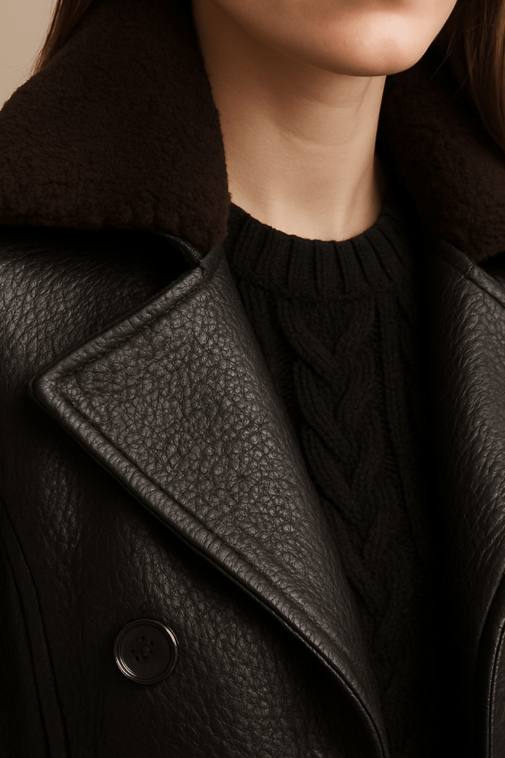 Women's Trench Coat – Faux Leather, Double-Breasted Design with Shearling Collar - We are MFEO