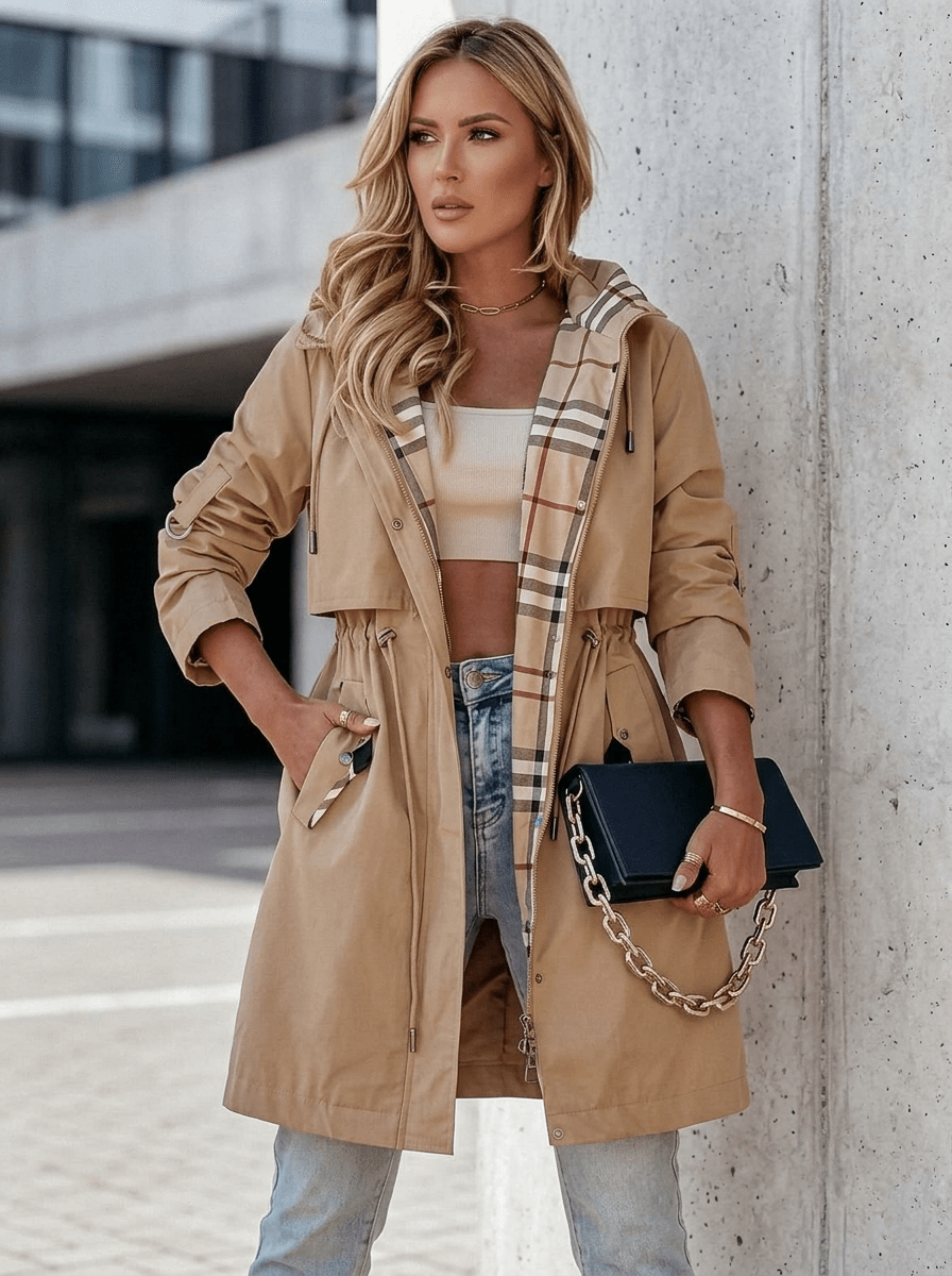 Women's Trench Coat with Hood – Adjustable Drawstring and Plaid Lining - We are MFEO