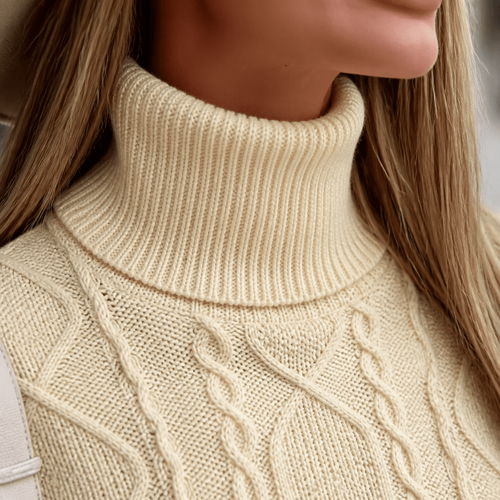 Women's Turtleneck Knit Dress – Long Sleeve Midi with Cable Pattern - We are MFEO