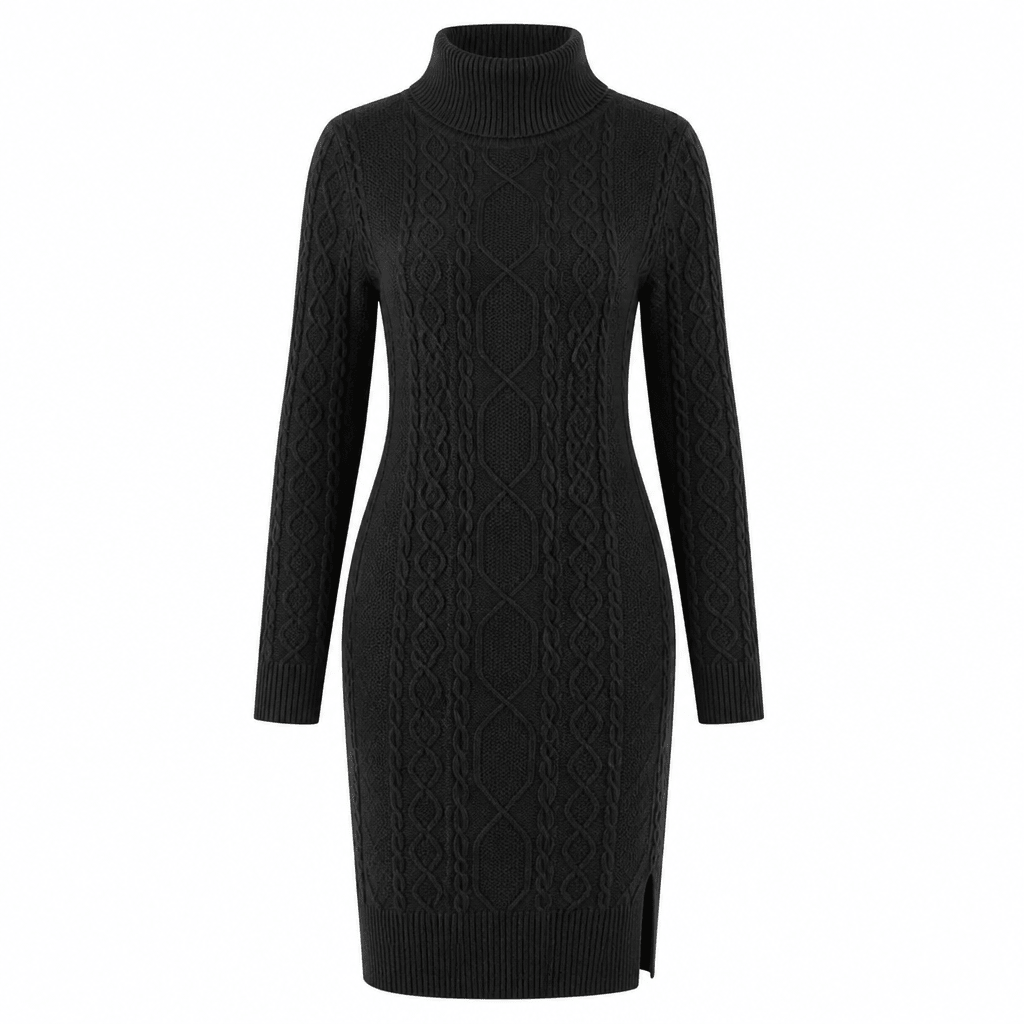 Women's Turtleneck Knit Dress – Long Sleeve Midi with Cable Pattern - We are MFEO