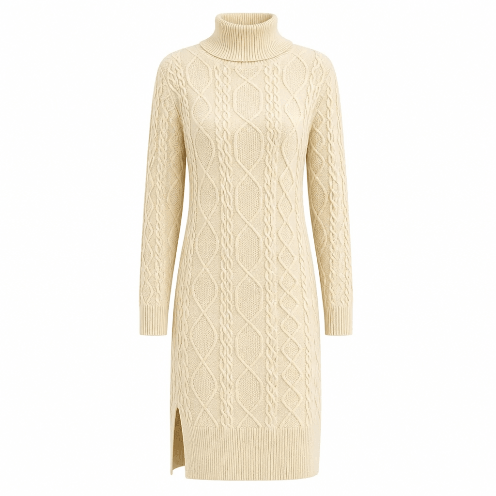 Women's Turtleneck Knit Dress – Long Sleeve Midi with Cable Pattern - We are MFEO