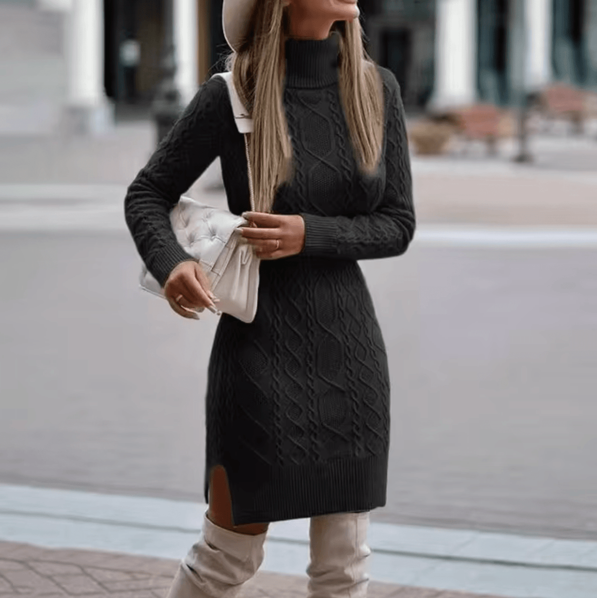 Women's Turtleneck Knit Dress – Long Sleeve Midi with Cable Pattern - We are MFEO