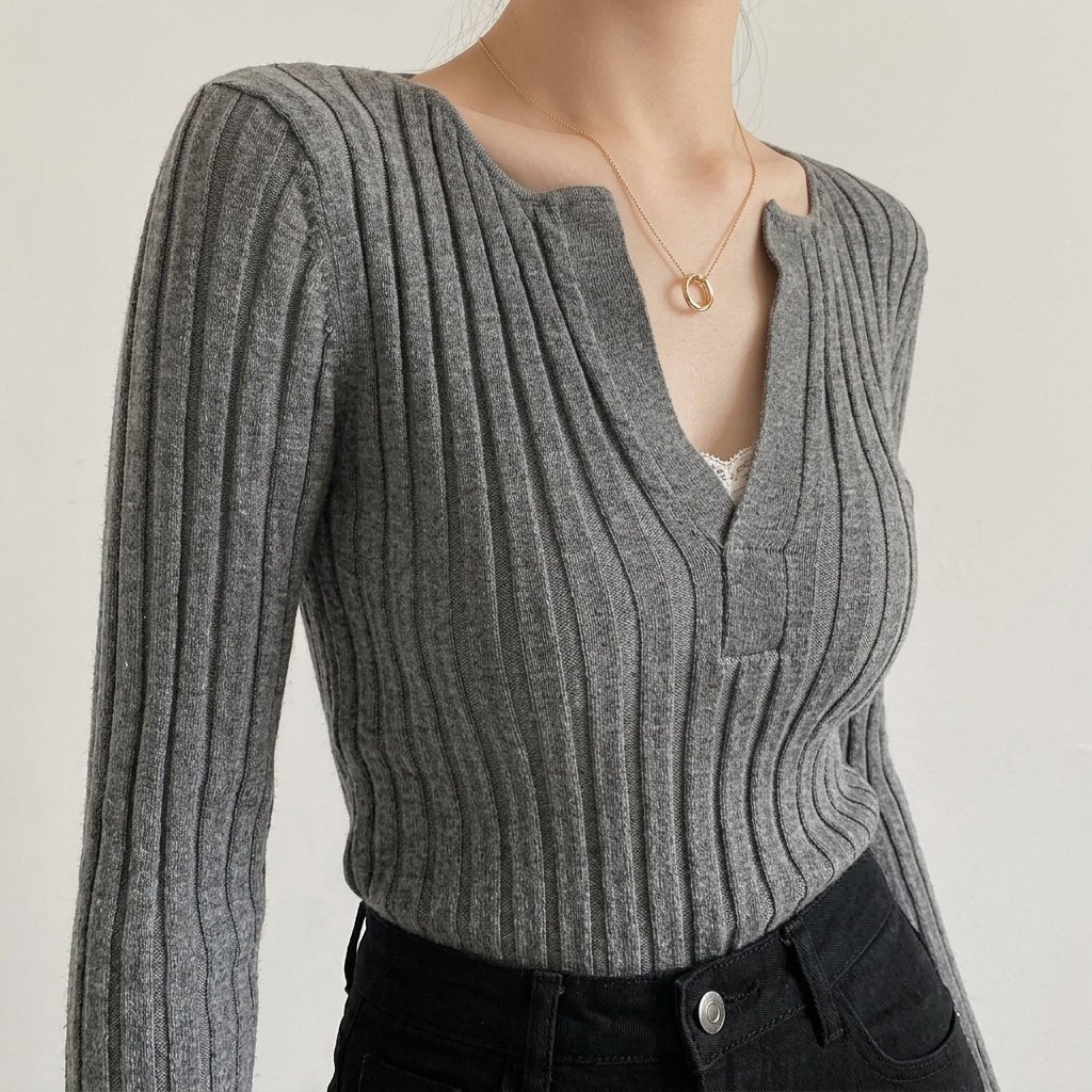 Women's V-Neck Textured Knit Top – Long Sleeve, High Stretch - We are MFEO