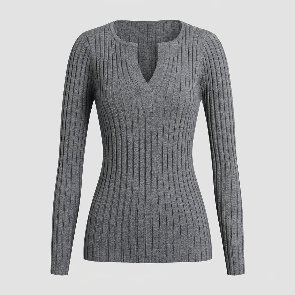 Women's V-Neck Textured Knit Top – Long Sleeve, High Stretch - We are MFEO