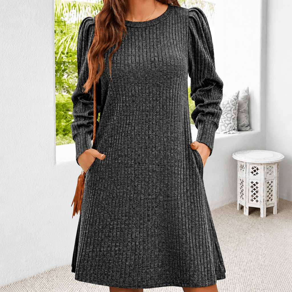 Women's Winter Mini Dress – Puff Sleeves with Ribbed A-Line Skirt - We are MFEO