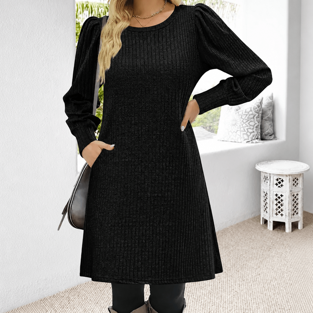 Women's Winter Mini Dress – Puff Sleeves with Ribbed A-Line Skirt - We are MFEO