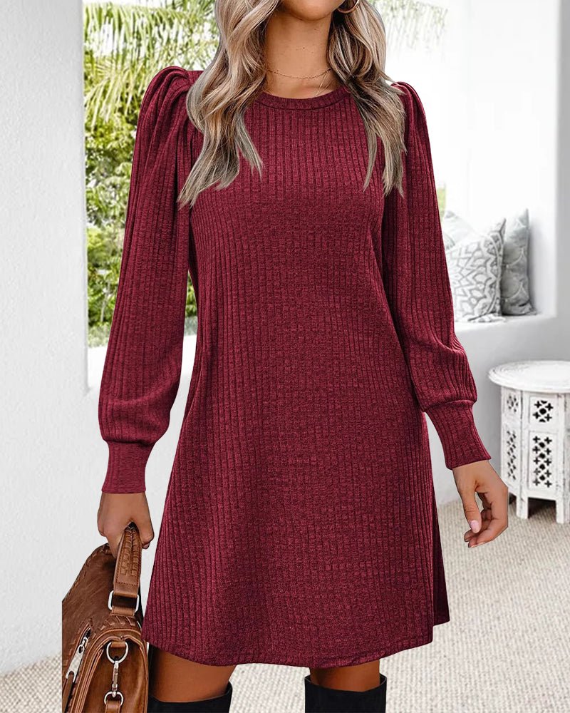 Women's Winter Mini Dress – Puff Sleeves with Ribbed A-Line Skirt - We are MFEO