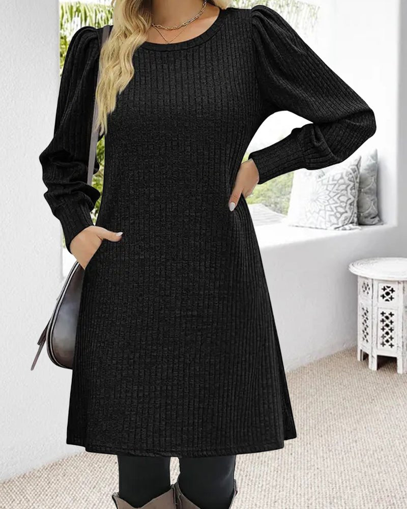 Women's Winter Mini Dress – Puff Sleeves with Ribbed A-Line Skirt - We are MFEO