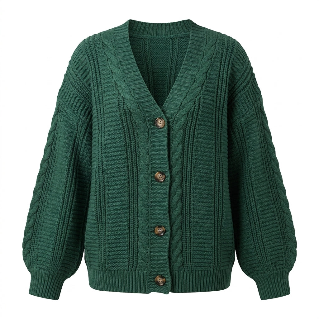 Women's Oversized Cable Knit Cardigan – Button Front with Balloon Sleeves - We are MFEO