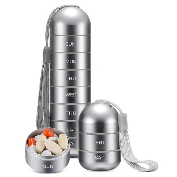 7-Day Pill Organizer – Waterproof Aluminum Pill Box with Screw-Lock Compartments for Travel - We are MFEO