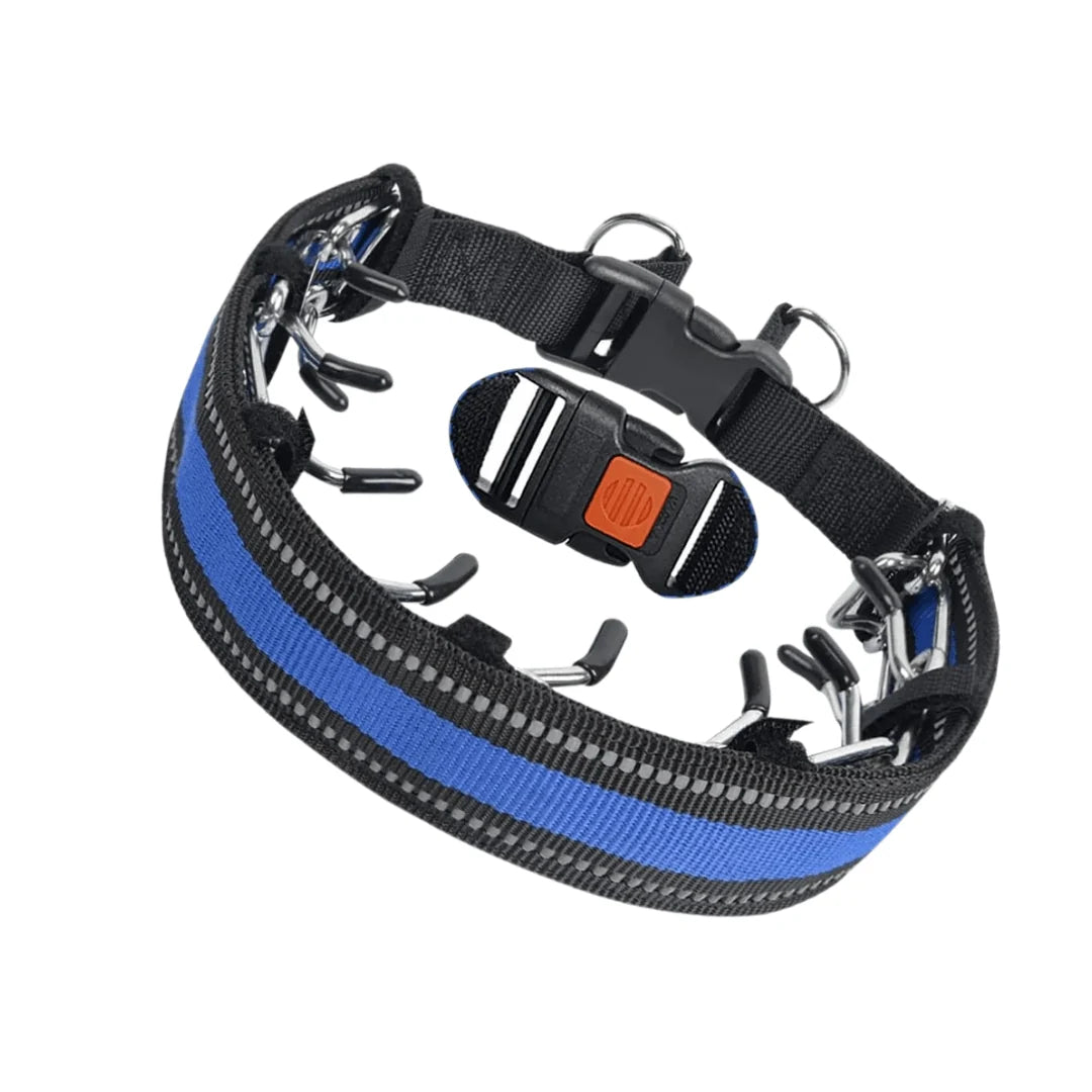 A blue and black dog prong collar with reflective stitching and a quick-release buckle with an orange safety button.