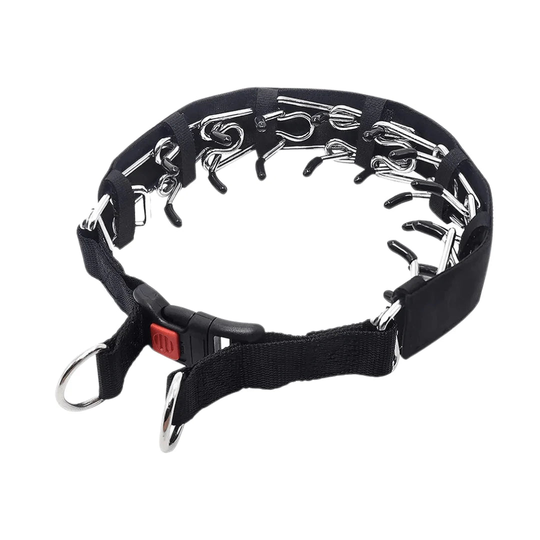A black anti-pulling dog collar featuring stainless steel prongs with protective rubber tips and a quick-release buckle.