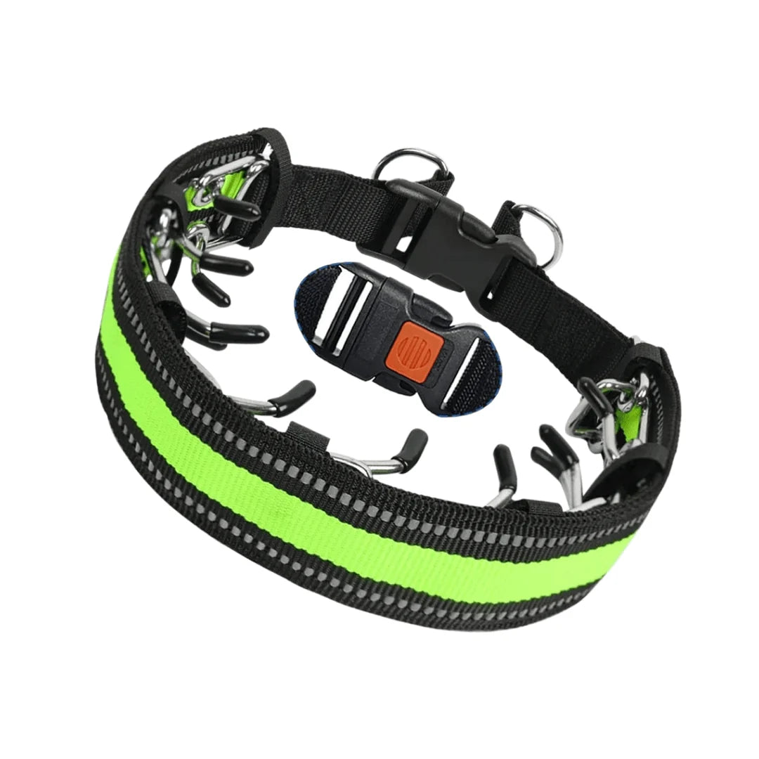 A high-visibility neon green and black anti-pulling dog collar with stainless steel links and a quick-release buckle.