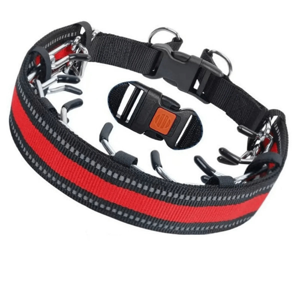 A red and black dog training collar with metal prong links and a quick-release buckle, shown with an extra buckle piece.