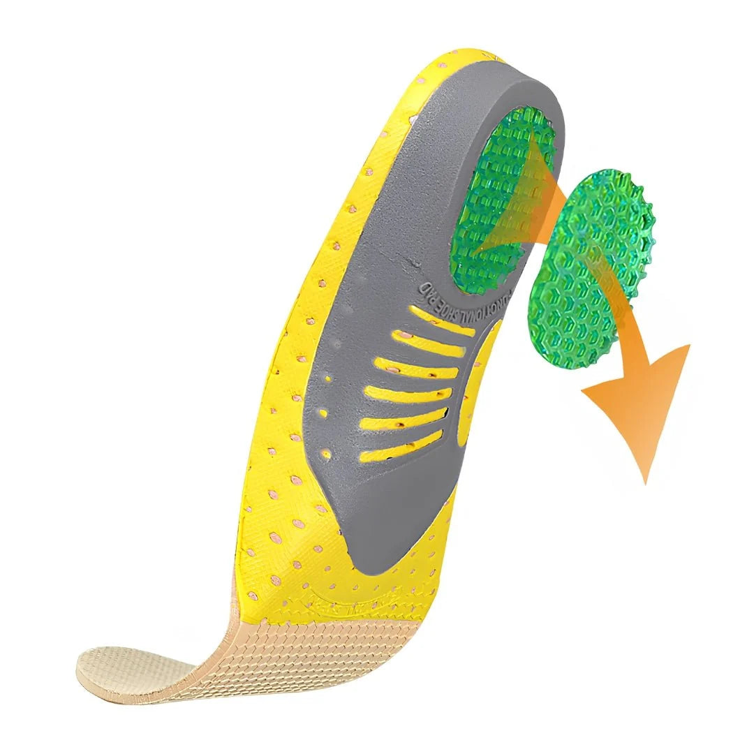 A yellow and grey orthotic arch support insole with a detachable green gel heel cushion being attached to the base.