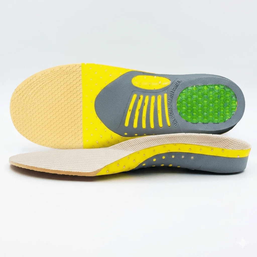 A pair of orthotic arch support insoles with a yellow top layer, grey heel support, and a green gel insert.