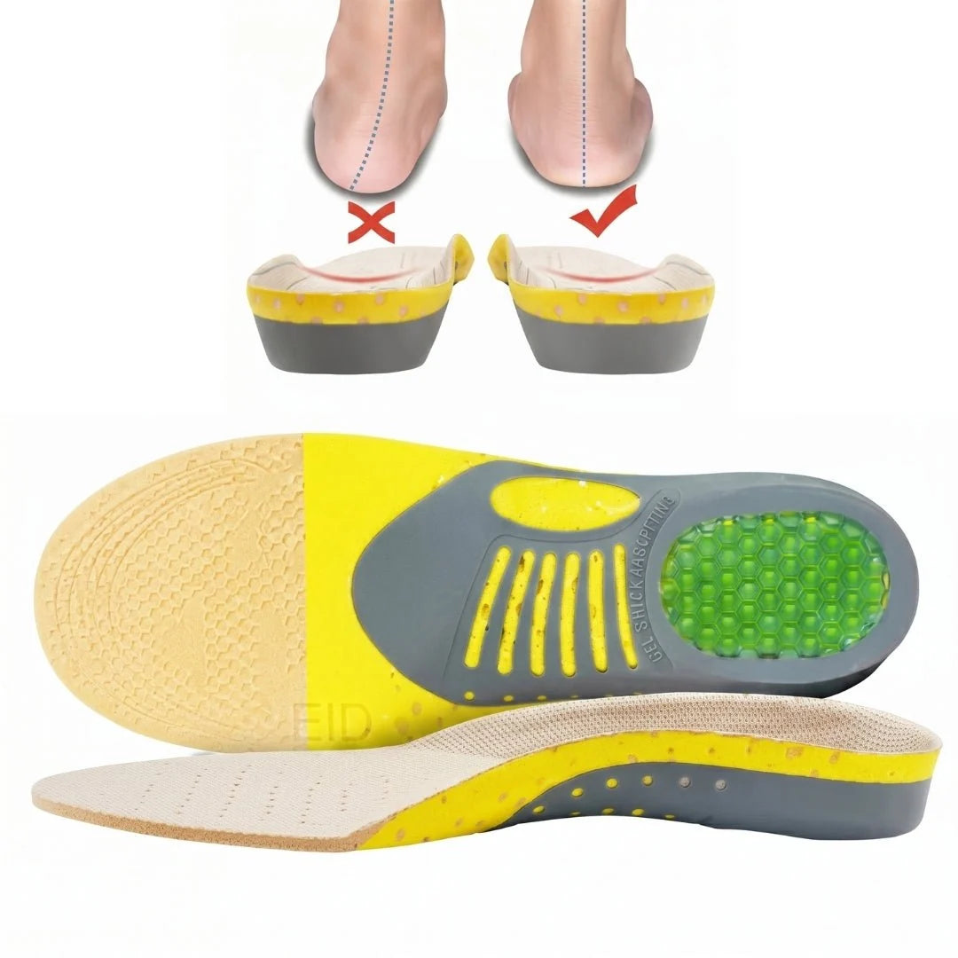 A pair of yellow and grey orthotic arch support insoles with a green gel heel insert, shown from top and side angles.
