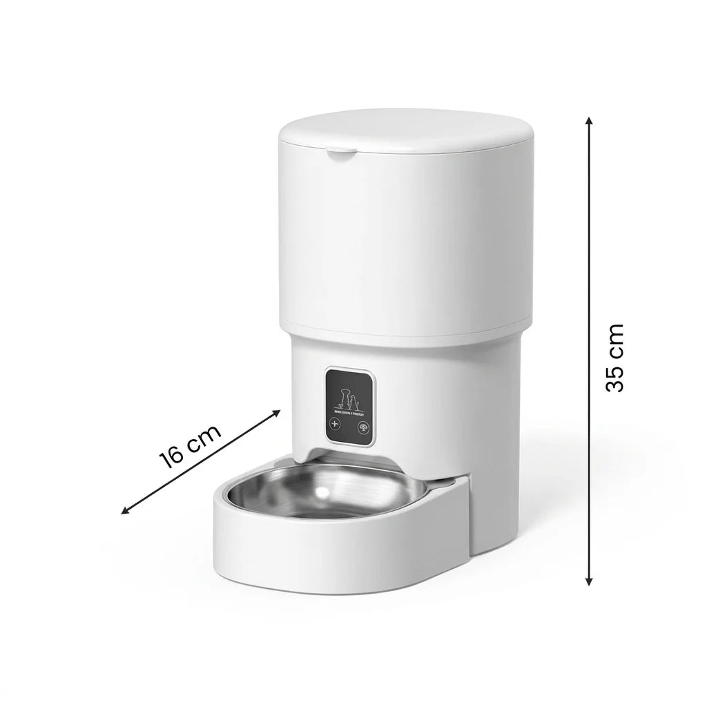 A white automatic pet feeder with a stainless steel bowl, showing dimensions of 16 cm width and 35 cm height.
