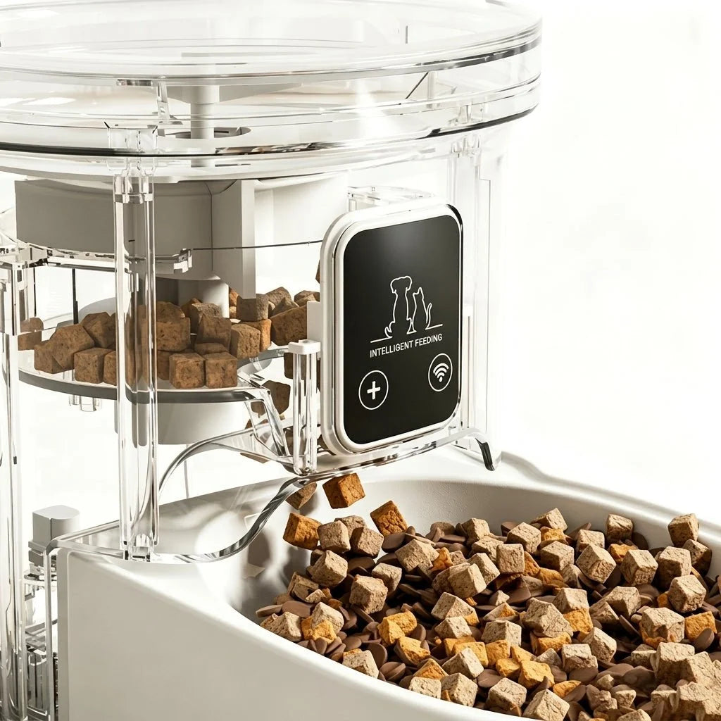 A clear plastic automatic pet feeder dispensing dry food kibble into a white bowl, featuring a digital control panel.