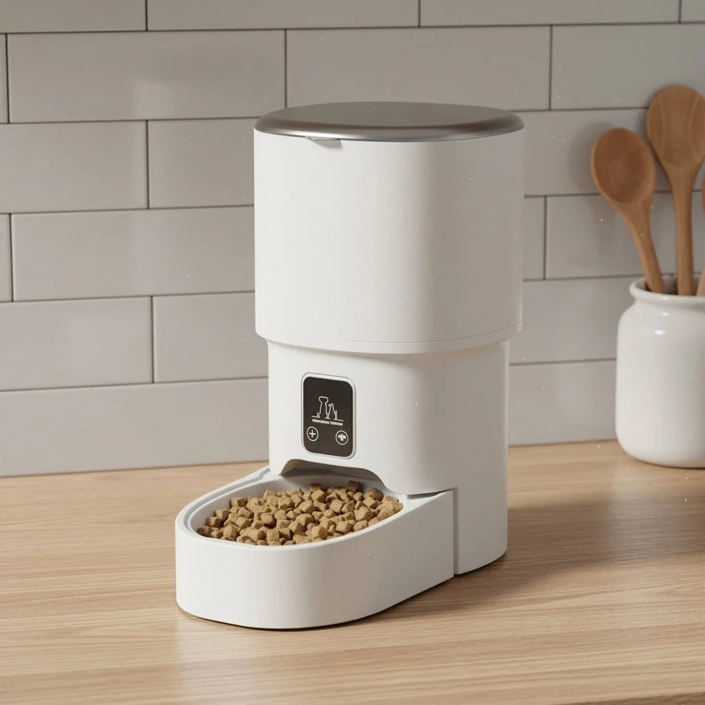 A sleek white automatic pet feeder filled with dry kibble, sitting on a wooden kitchen benchtop near a jar of wooden spoons.