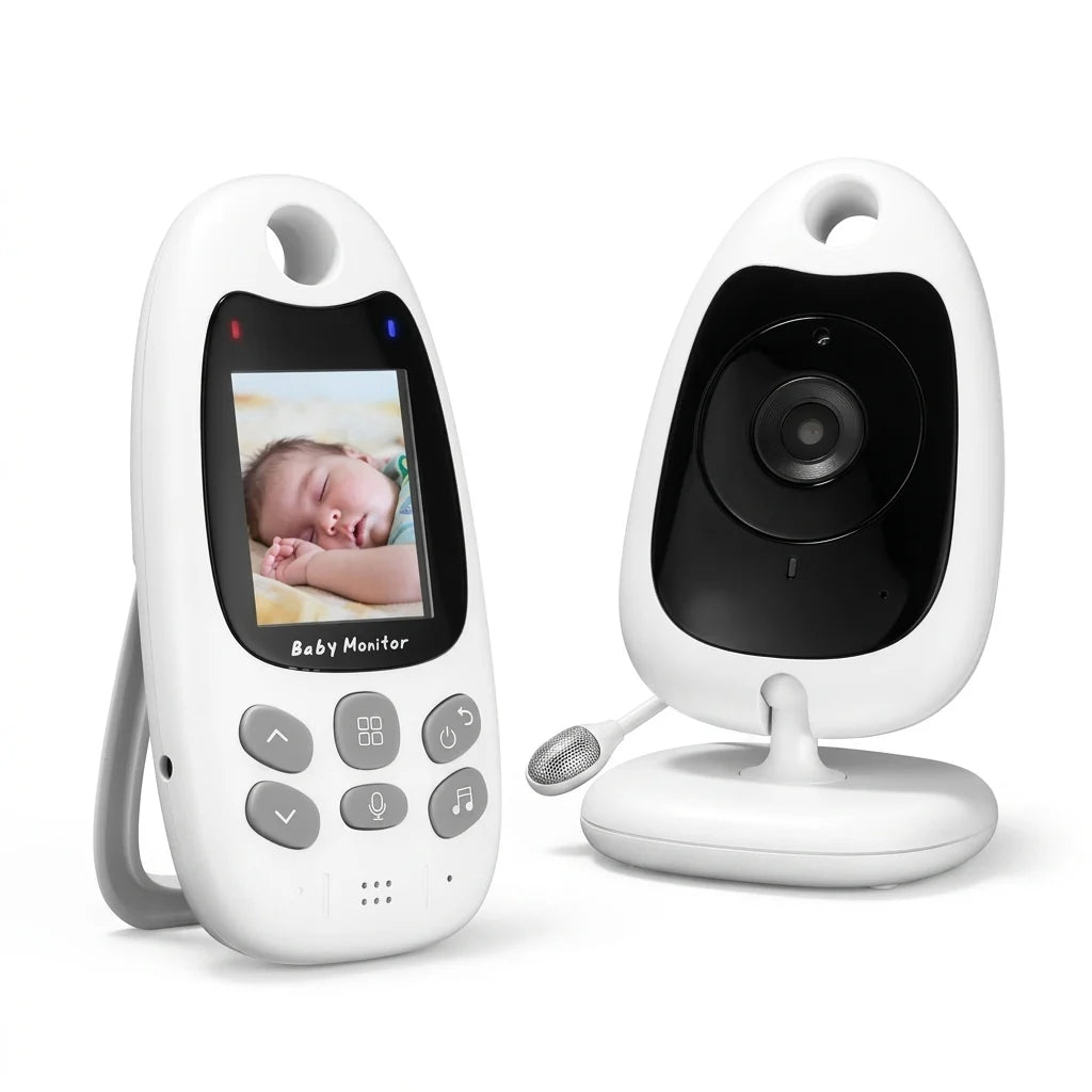 A white baby monitor set featuring a handheld parent unit with a screen and a separate camera unit with a small microphone.
