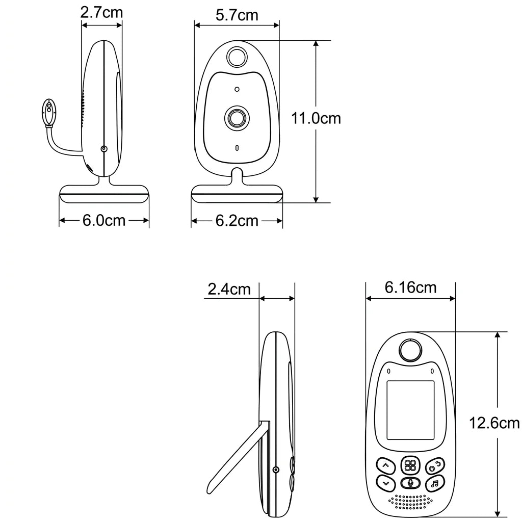 Technical line drawings showing the dimensions of a baby monitor camera unit and its handheld parent monitor unit.