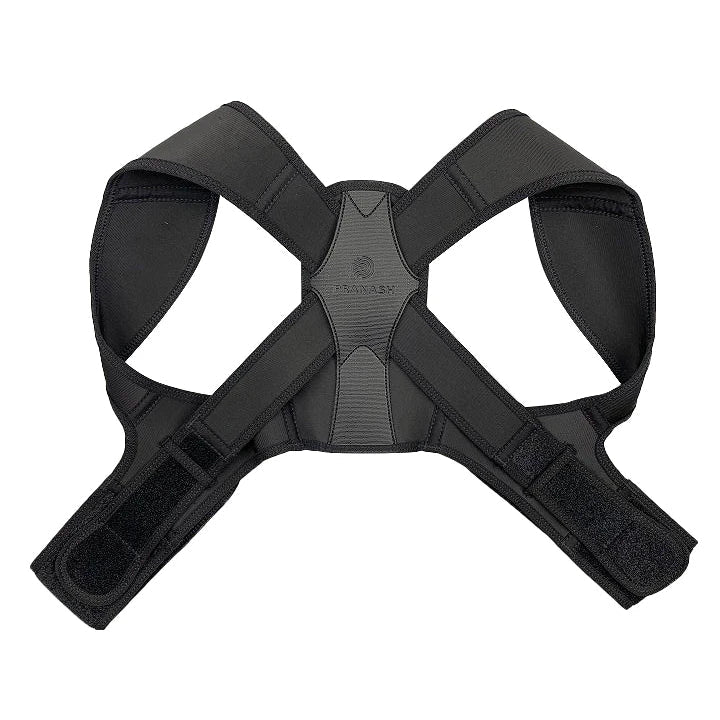 A black adjustable back posture corrector brace with a central support panel and shoulder straps.