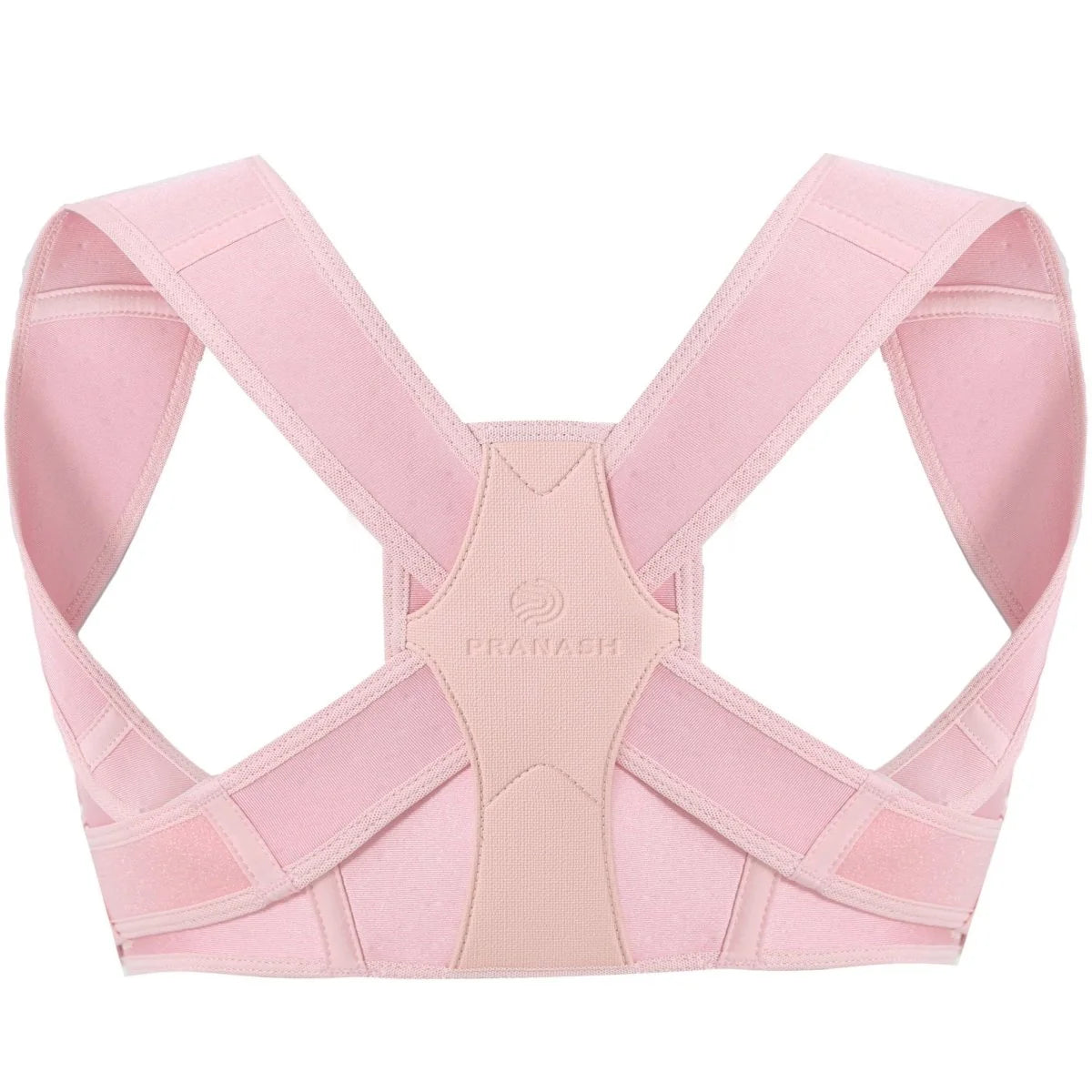 A light pink back posture corrector brace with adjustable straps and a central support panel featuring the Pranash logo.