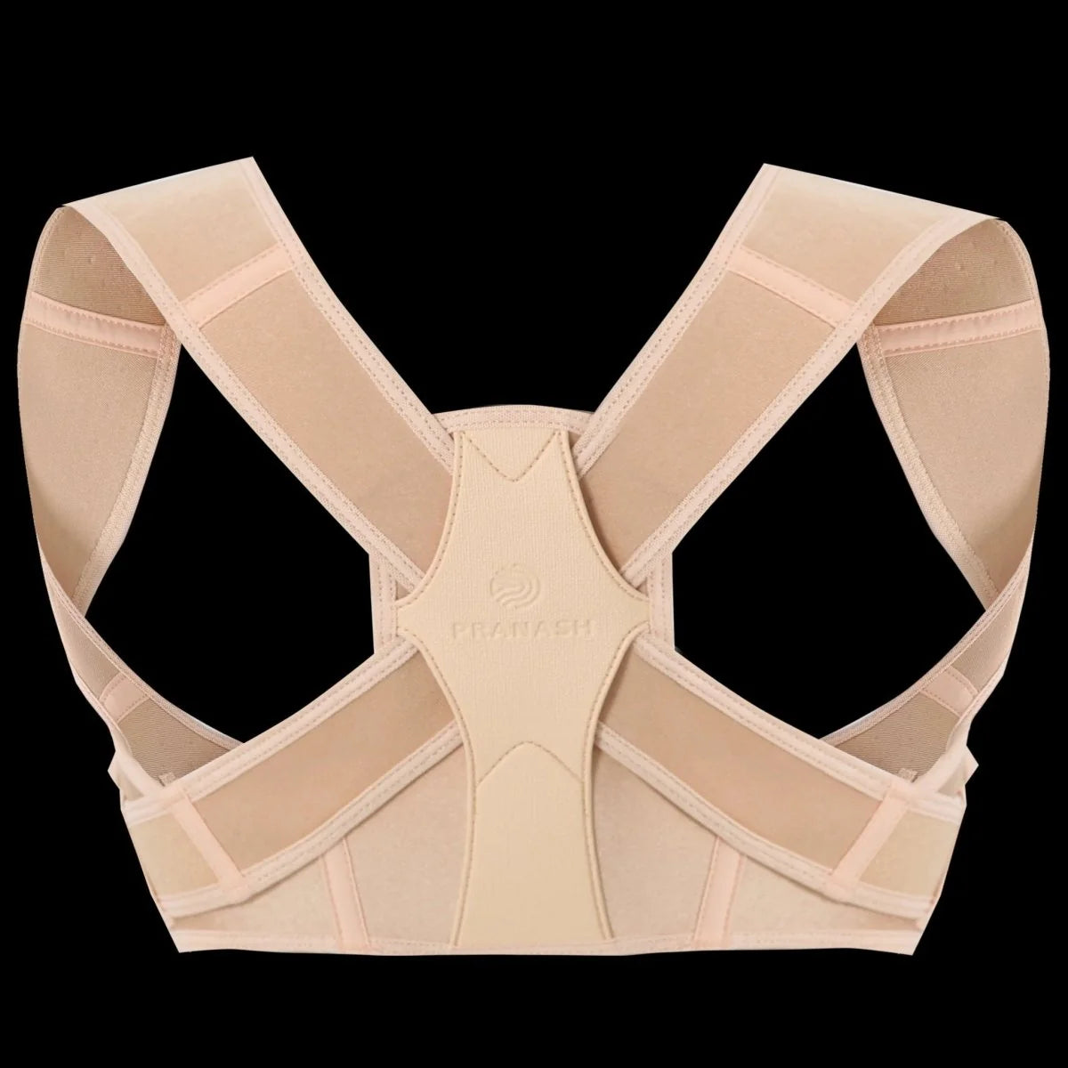 A beige, adjustable back posture corrector brace shown from the back view against a black background.