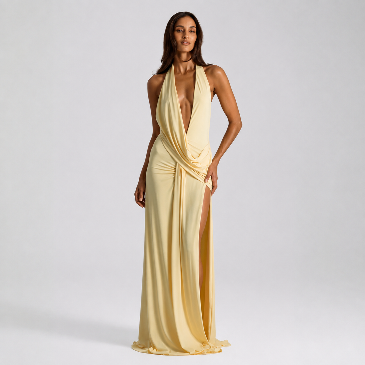 Backless Satin Evening Maxi Dress – Halter Neck, High Side Split, Formal Gown