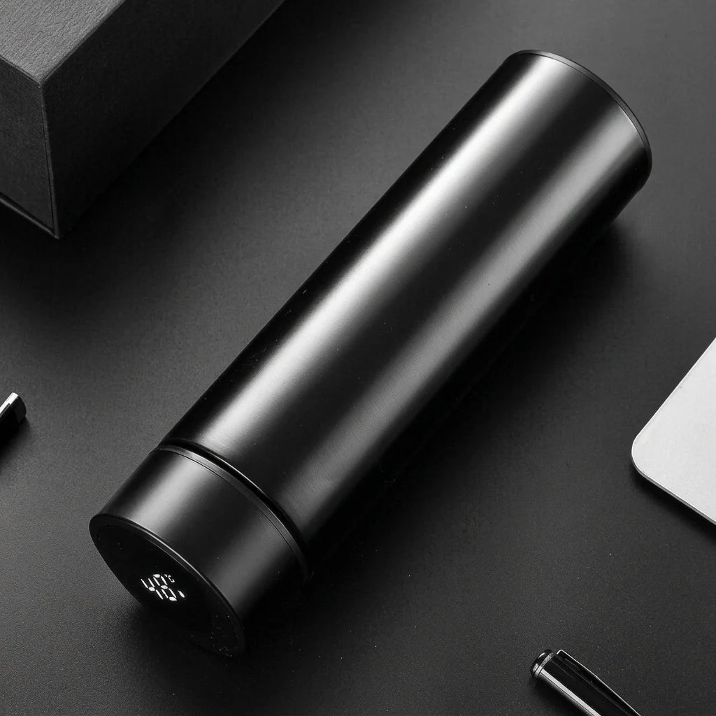 A sleek black stainless steel insulated water bottle with a digital LED temperature display on the lid.