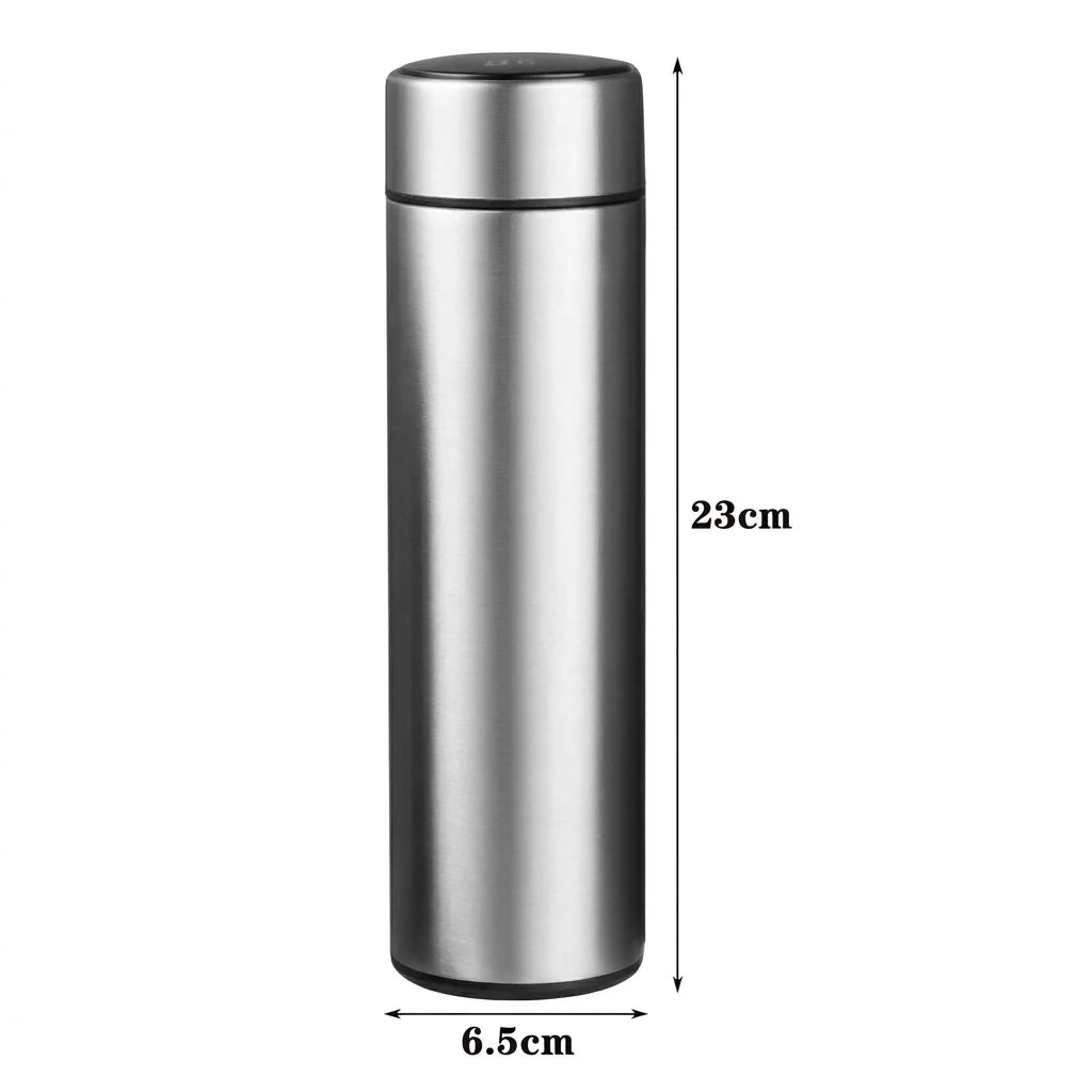 A sleek stainless steel insulated water bottle with a digital LED display on the lid, showing height 23cm and width 6.5cm.