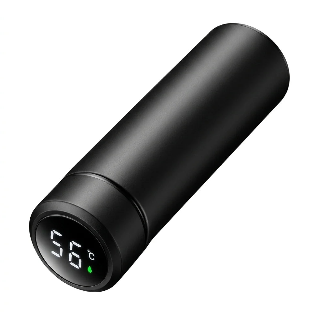 A sleek, matte black stainless steel insulated water bottle featuring a digital LED temperature display on the lid.