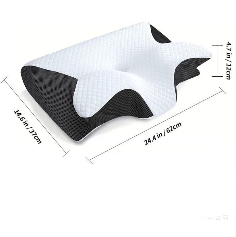 An ergonomic memory foam pillow with a white quilted top and black mesh sides, showing its dimensions in inches and cm.