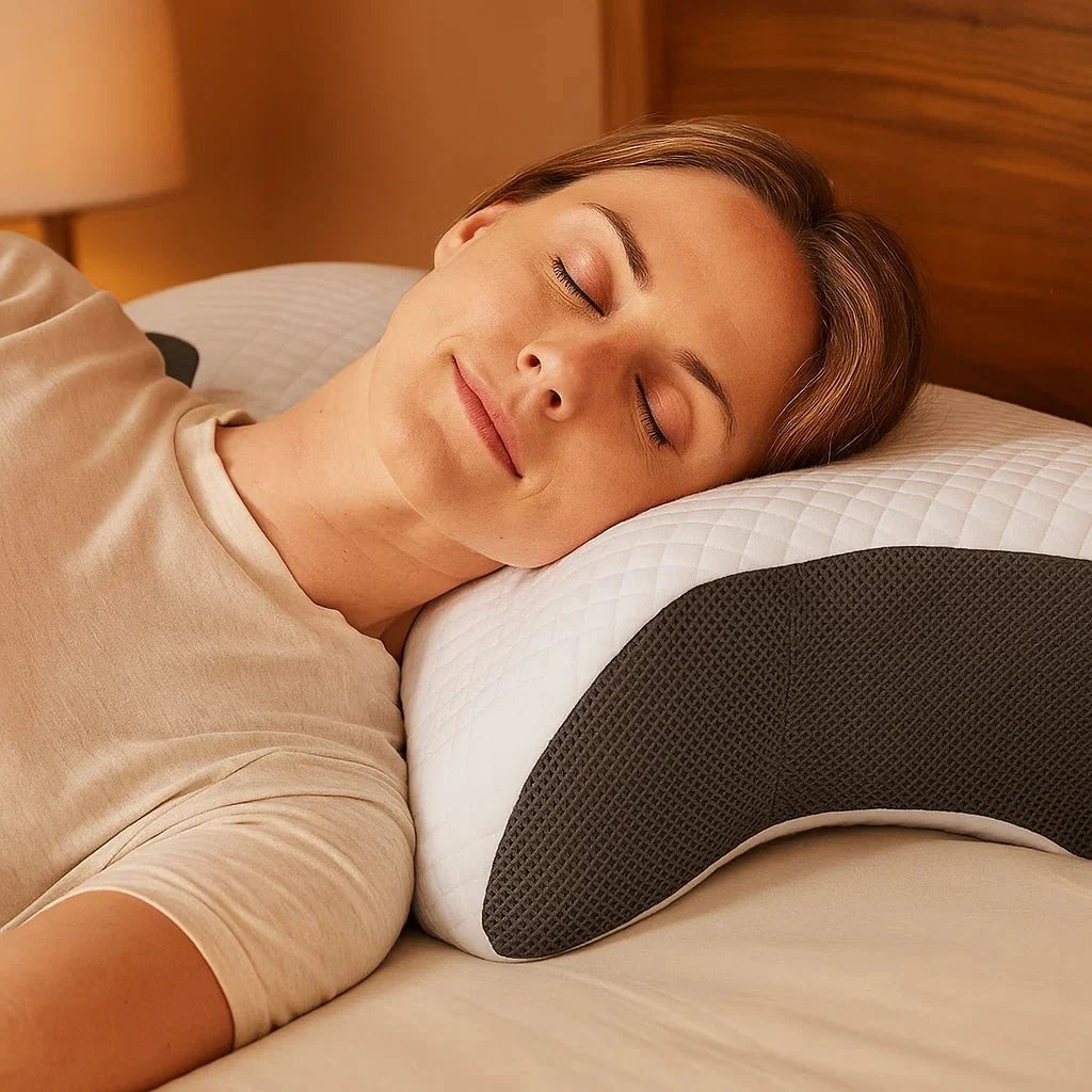 A woman sleeping peacefully on an ergonomic memory foam pillow designed for side sleepers.