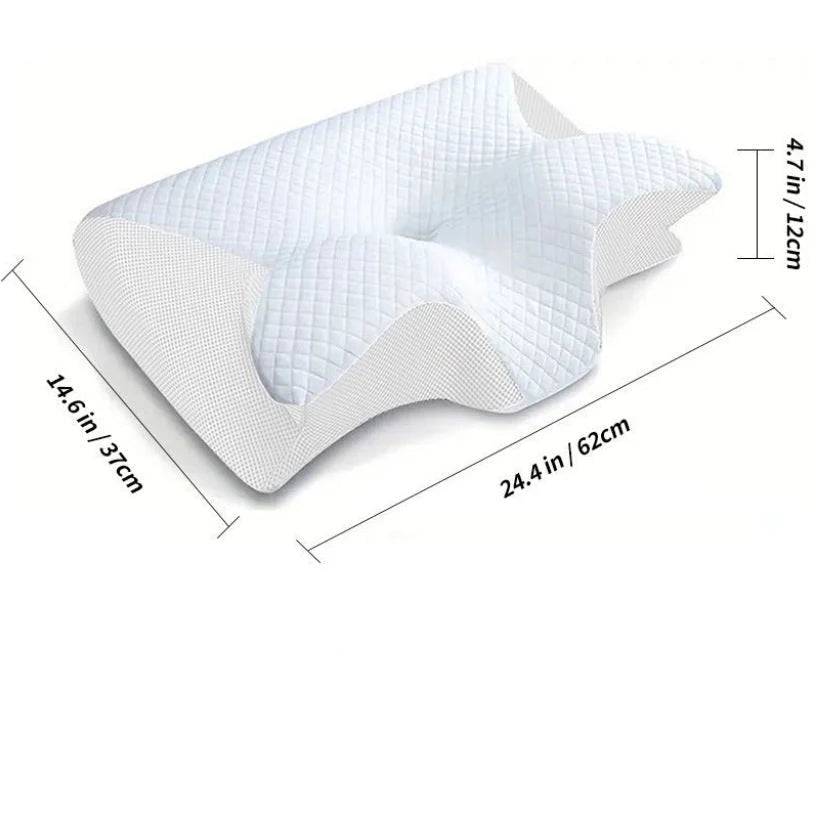 An ergonomic memory foam pillow for neck pain, shown with its dimensions of 62cm by 37cm and a height of 12cm.