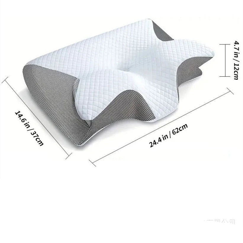 An ergonomic memory foam pillow for neck pain, showing its dimensions of 62cm by 37cm with a height of 12cm.
