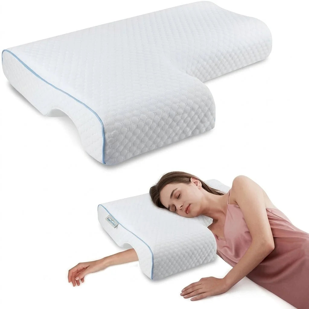 A white orthopedic memory foam pillow with a shoulder tunnel, shown alone and in use by a woman sleeping on her side.