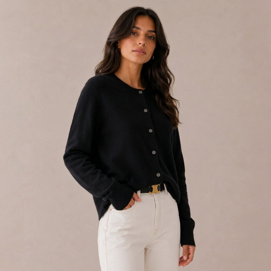 Cashmere Cardigan for Women – Fitted Round Neck with Button Front 1