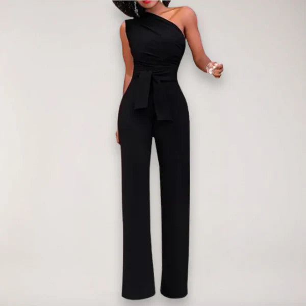 Black Jumpsuit for Women – One-Shoulder Design with Waist Tie and Wide-Leg Fit 0
