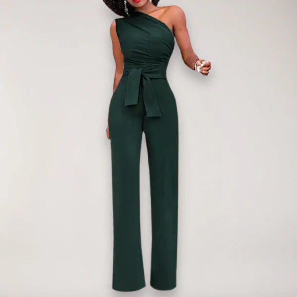 Black Jumpsuit for Women – One-Shoulder Design with Waist Tie and Wide-Leg Fit 1