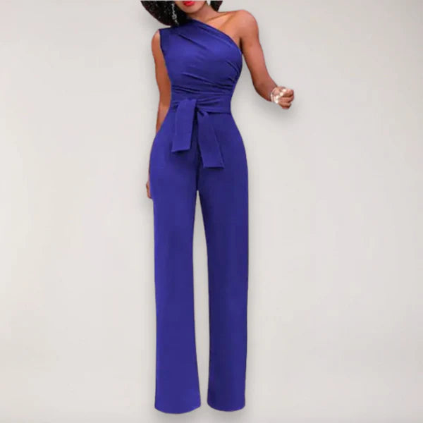 Black Jumpsuit for Women – One-Shoulder Design with Waist Tie and Wide-Leg Fit 2