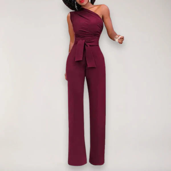Black Jumpsuit for Women – One-Shoulder Design with Waist Tie and Wide-Leg Fit 3