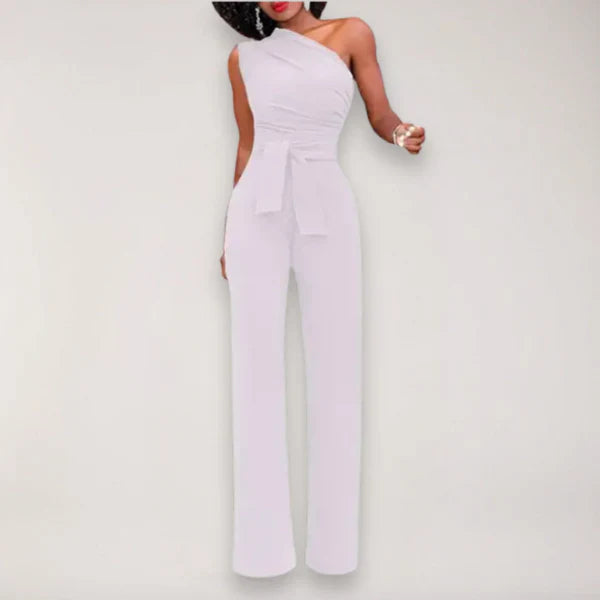 Black Jumpsuit for Women – One-Shoulder Design with Waist Tie and Wide-Leg Fit 4