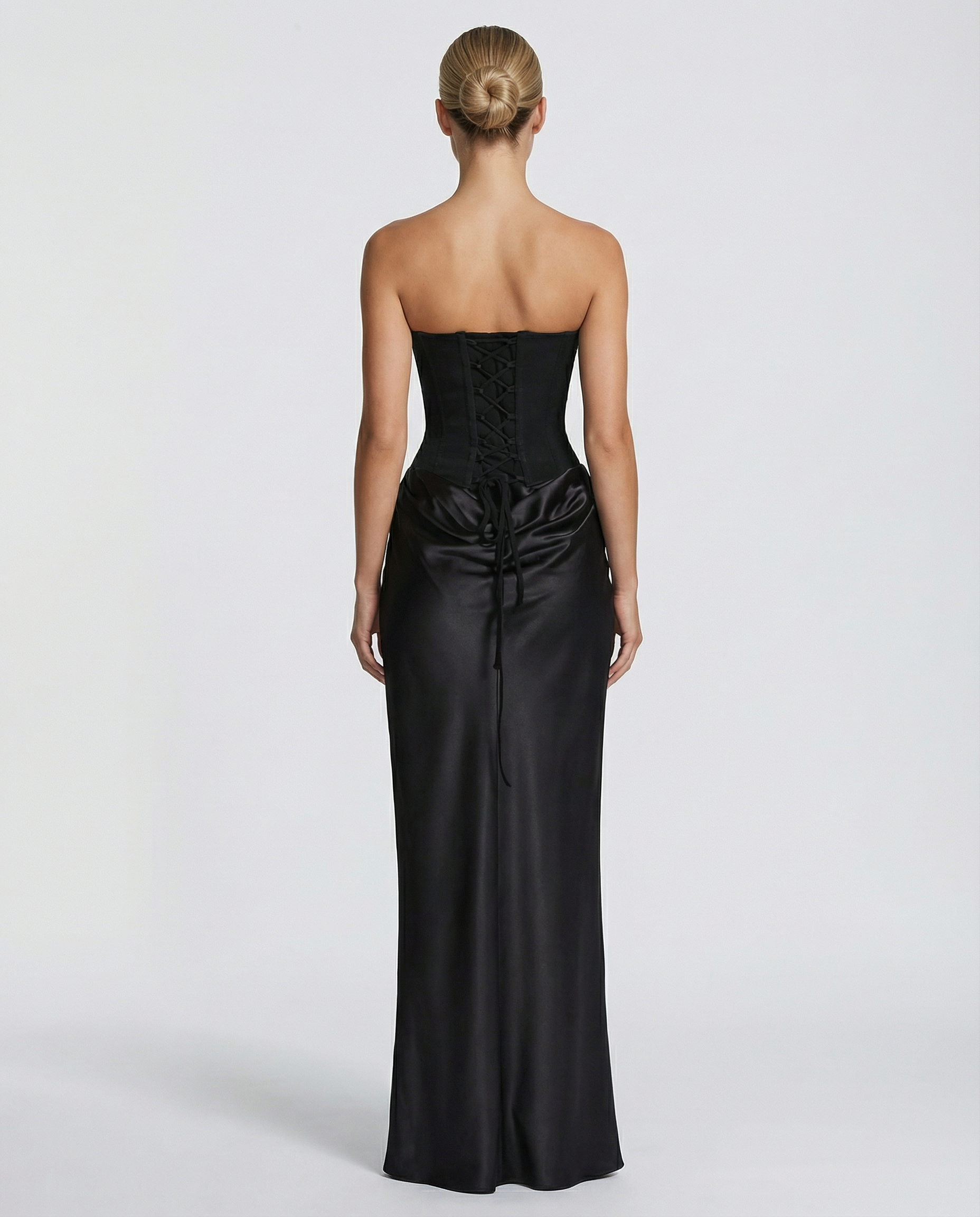 Black Maxi Dress with Sleeves – Satin Corset Design and Draped Skirt for Women 1