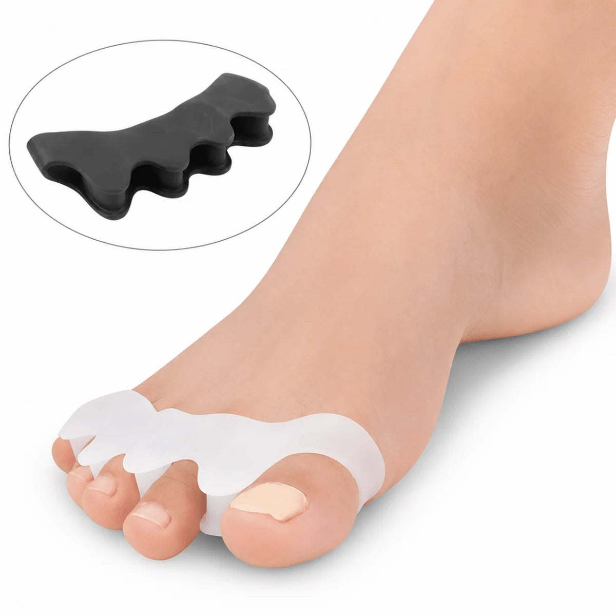 A person's foot wearing a clear silicone toe separator, with a black version of the same device shown in an inset circle.