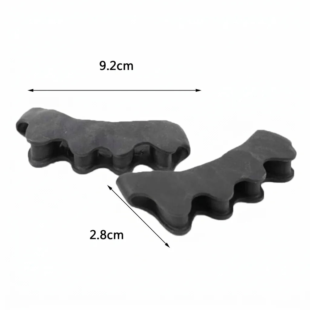 Two black silicone toe separators for bunion and hammer toe relief, showing dimensions of 9.2cm by 2.8cm.