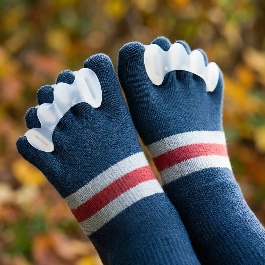 A pair of blue toe-separator socks with white and red stripes, worn with clear silicone gel bunion correctors on the toes.